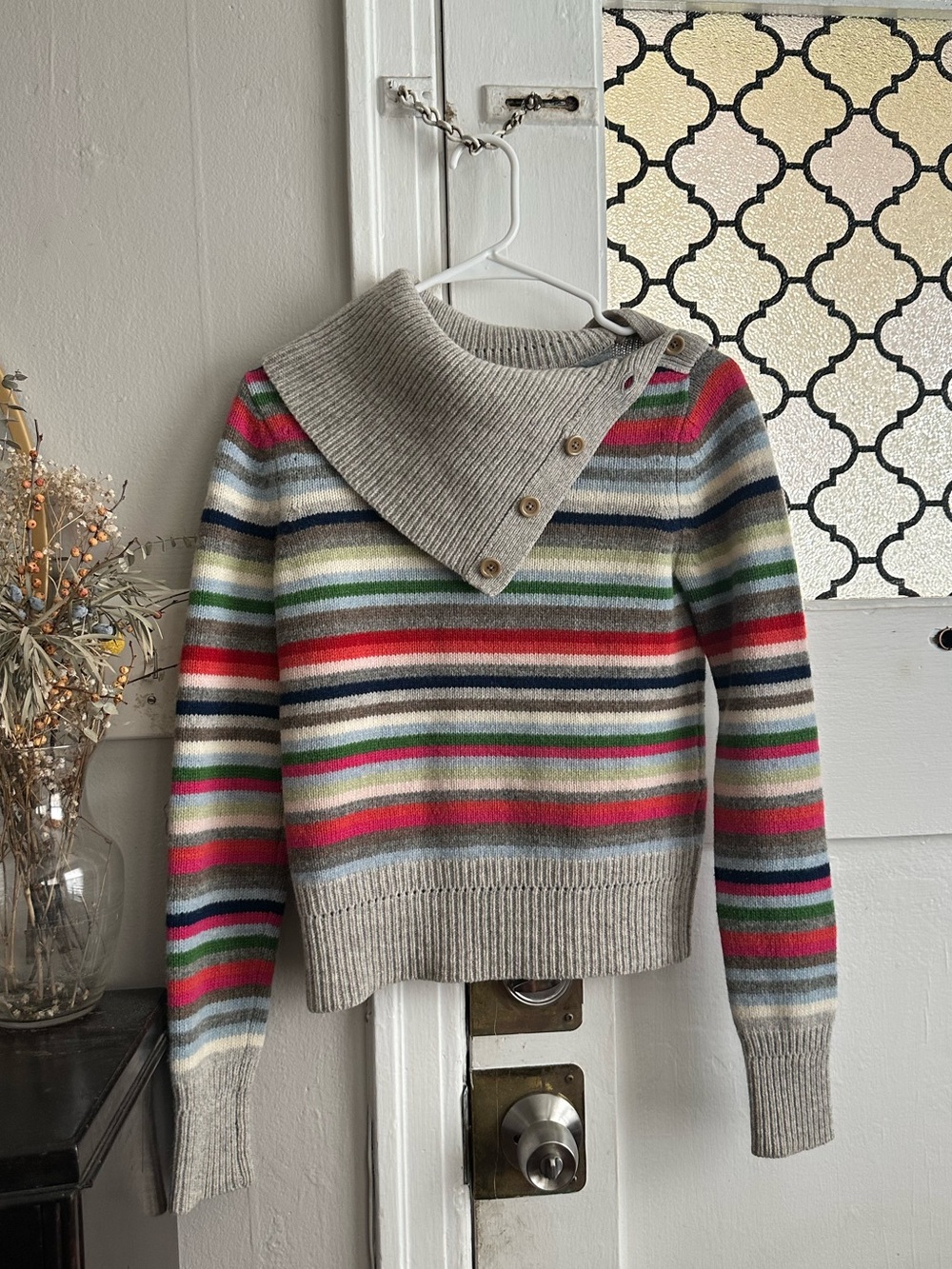 GAP Striped Button Detail Sweater in Light Gray with Multicolor Stripes